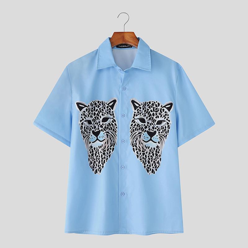 INCERUN Oversized Men Lapel Neck Button Down Print Casual Shirts