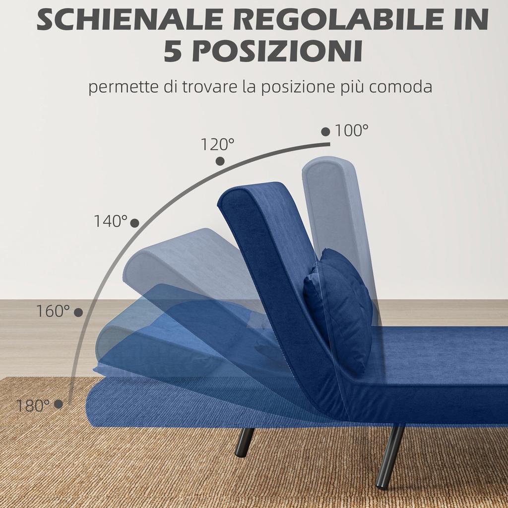 Sofa Bed 3 In 1 In Velvet-Effect Fabric with Adjustable Backrest and 2 Cushions, 102x73x81 Cm, Blue