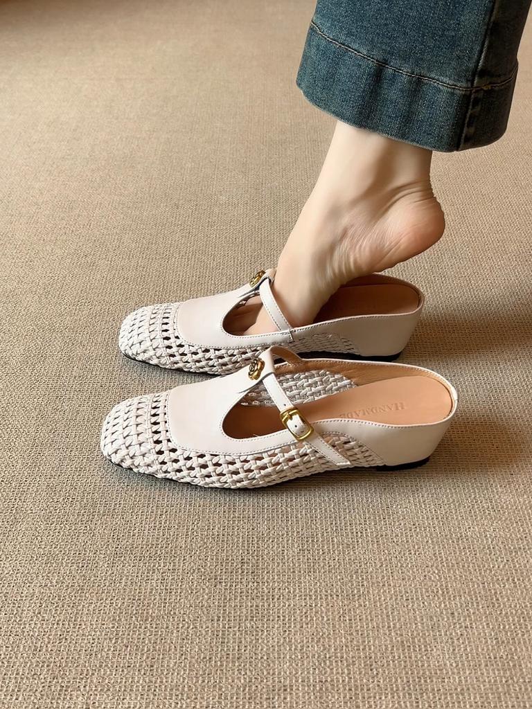 2026 Spring and Summer New Retro Woven Hollow Bag Head Half Drag T-band Mary Jane Shoes Square Head Shallow Mouth