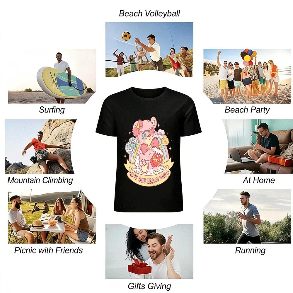 Love You Beary Much Cute Pink Bear Print Sweet Casual T-Shirt Pure cotton T-shirt