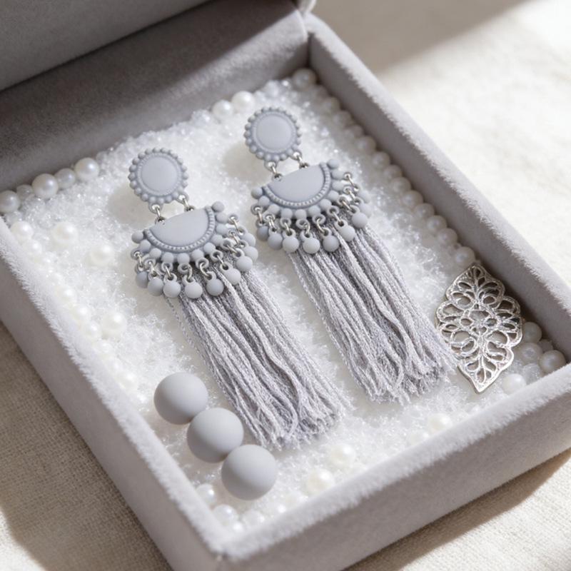 European Style Exotic Long Tassel Earrings with White Rice Beads