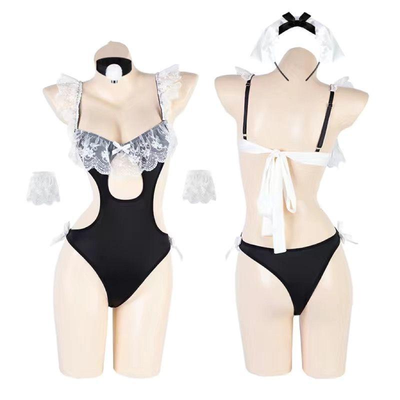 Sexy lingerie female sexy suspender lace seduction hidden button onesie pure desire small chest maid uniform suit