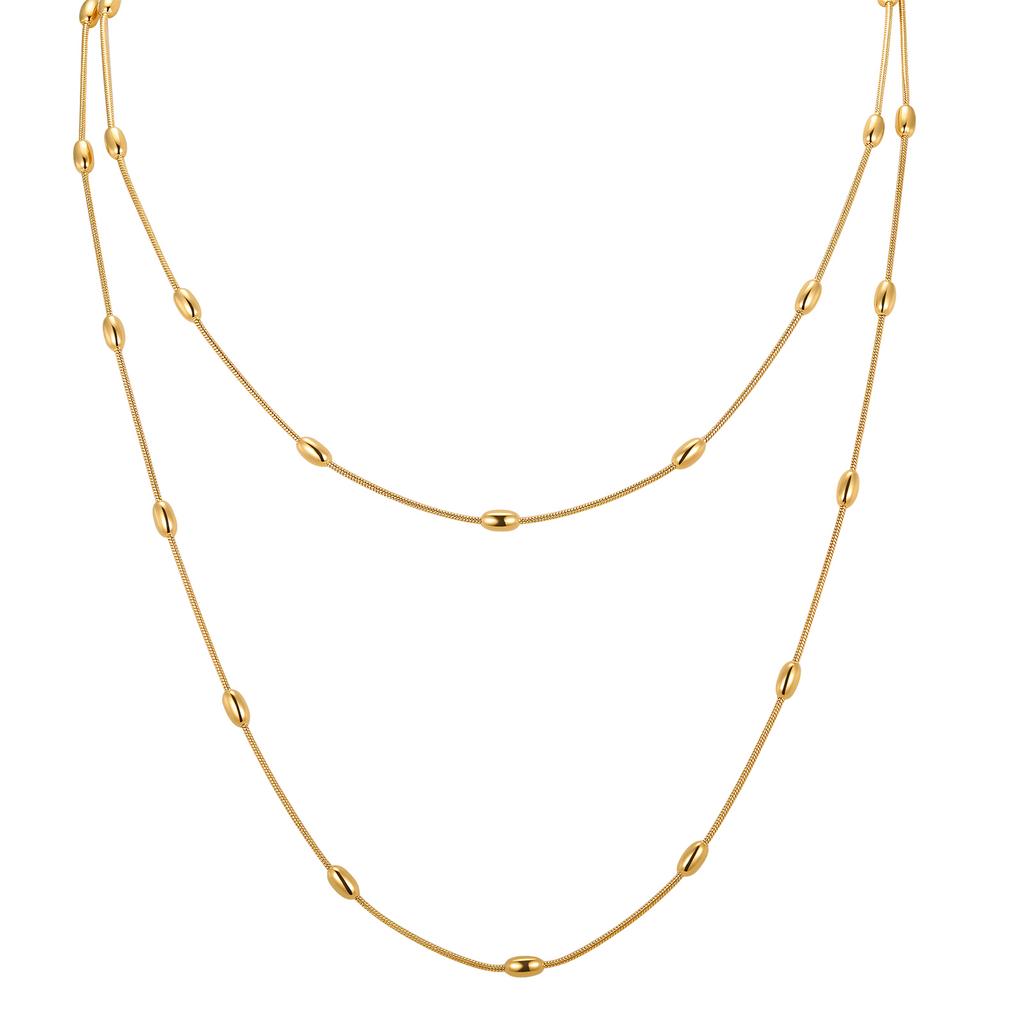 Stainless Steel Long Beaded Chain Necklace Layers Stacked Collar Trendy Jewelry Accessory for Women Girls Wife