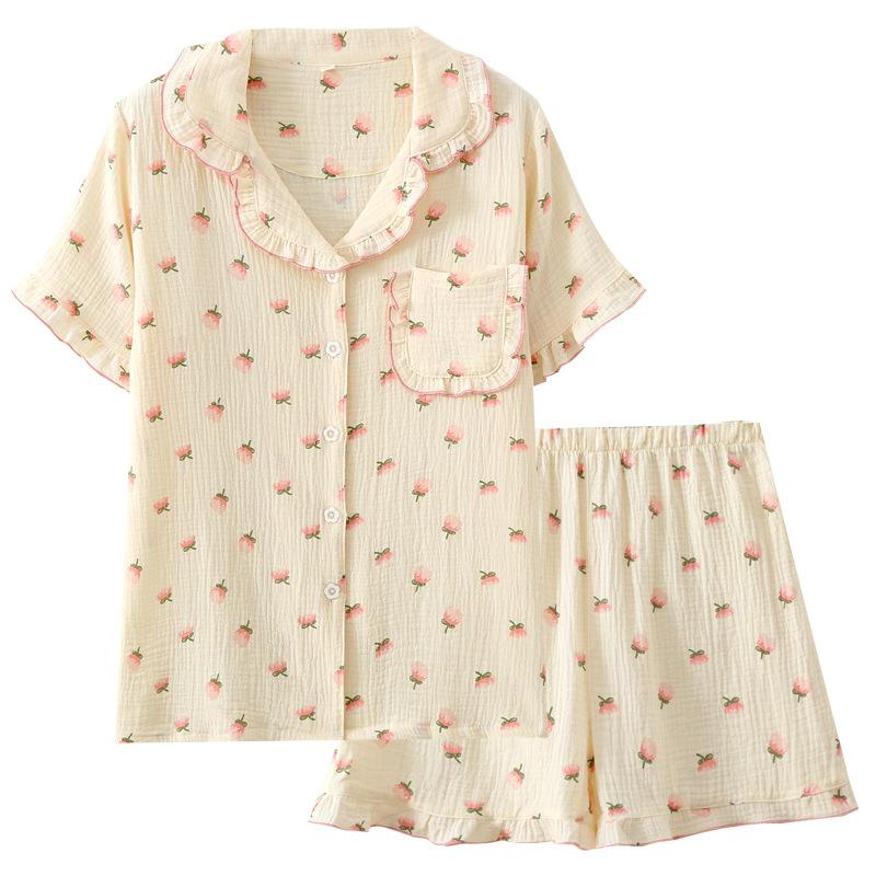 Crepe cotton seersucker women's summer short-sleeved shorts fungus lace collar pajamas set loungewear