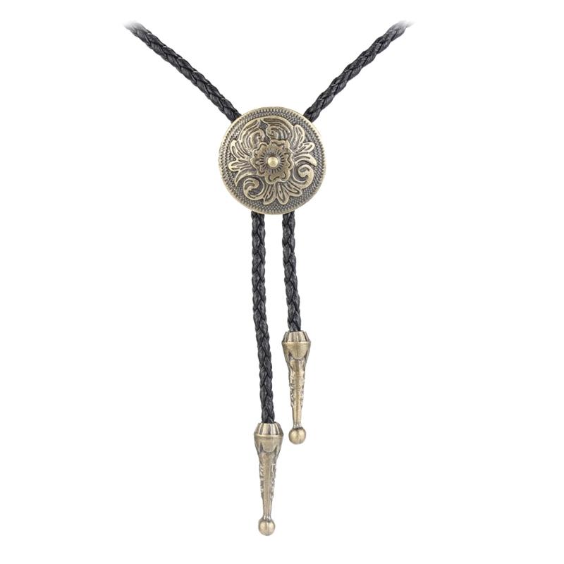 Western Bolo Tie Vintage Bolo Tie Cowboy Tie Metal Round Bolo Tie Necklace Sweater Chain Engrave Cowboy Leather Necktie