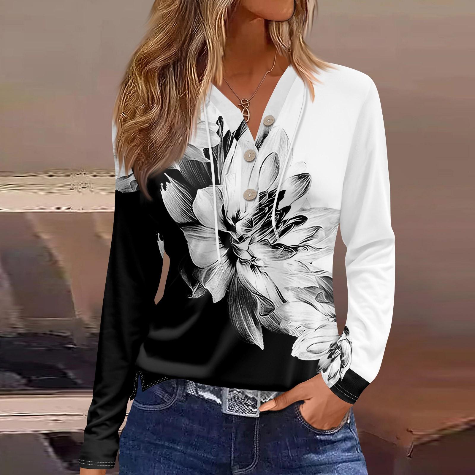 

Жен. Футболка Футболка Пуговицы Цветочный принт Длинный рукав Повседневные Выходные Мода Классический Классический V-образный вырез Обычный Топ XXXL чёрный