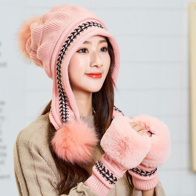 Hat Women's Winter Knitted Hair Ball Glove Set, Student Cycling Women's Fleece Thickened Thermal Ear Protector