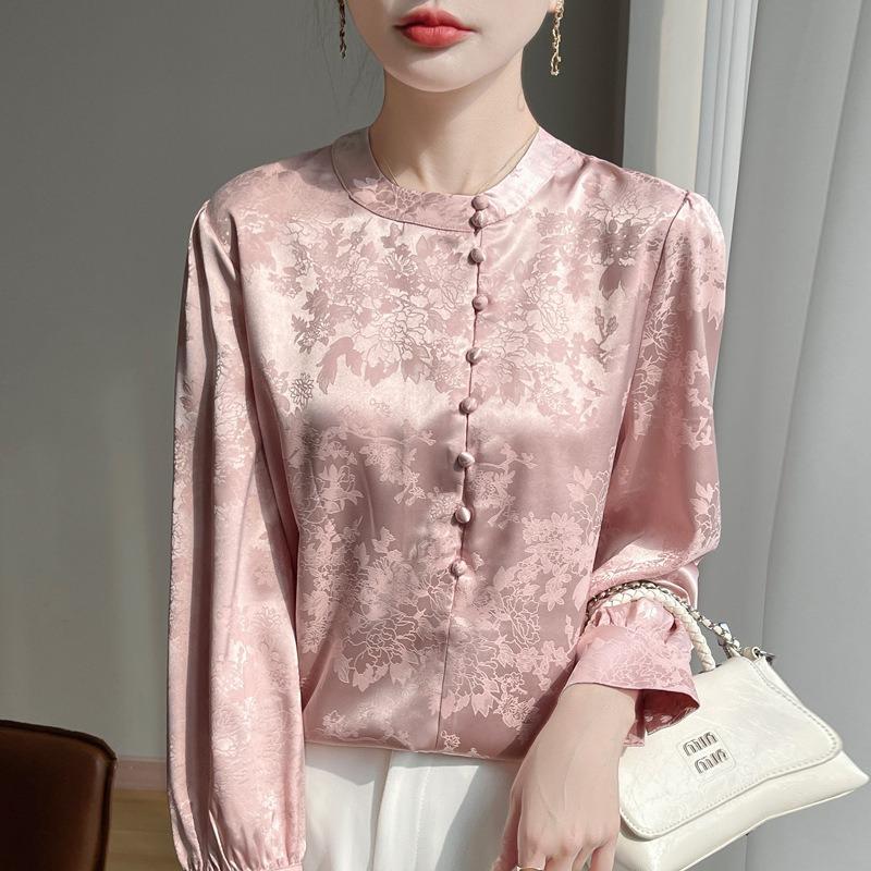 Women's Spring and Summer New New Chinese Stand-up Collar Shirt Loose Versatile Long-sleeved Pullover Solid Colour Simple Casual Shirt
