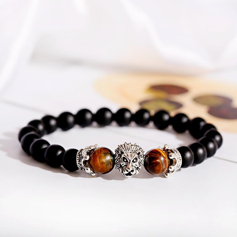 

Classic Crown Lion Bracelet for Men and Women, Tiger Eye, Onyx Stone, Handmade Beaded Charm, Jewelry, Fashion Estados Unidos