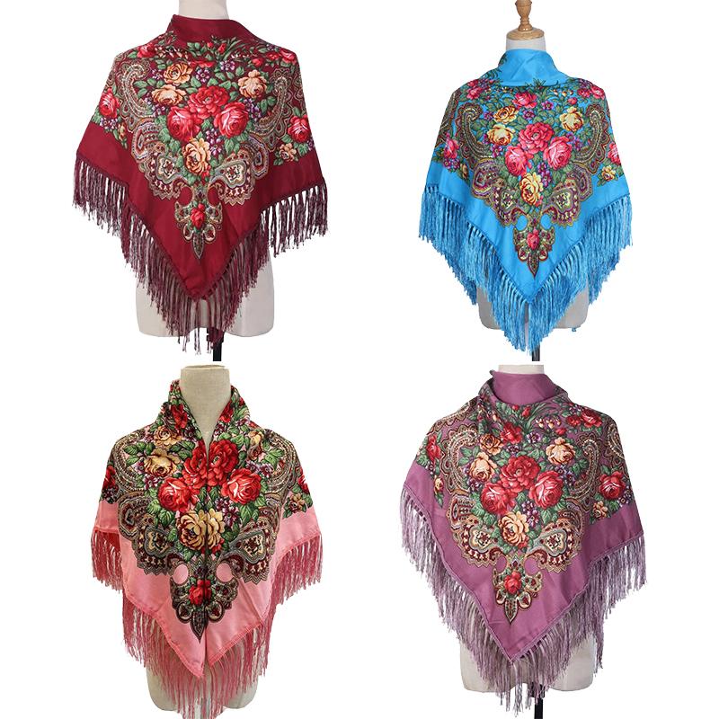 90*90Cm Ethnic Style Headscarf Square Scarves For Women Retro Peony Flower Print Fringed Shawl Handkerchief Cotton Head Wraps