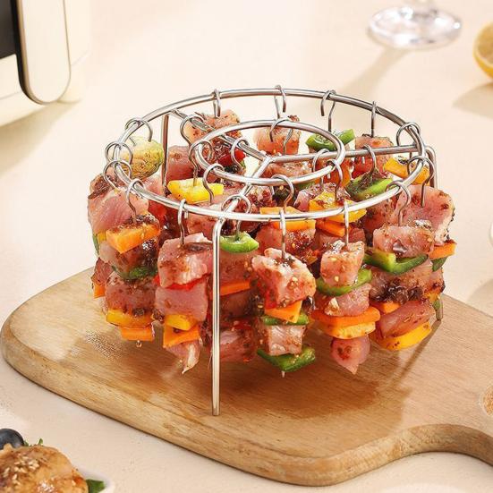 Stojan na špízy pro horkovzdušnou fritézu, grilovací rošt se 48 špízy, kulatý nerezový vertikální stojan na masové špízy, příslušenství pro horkovzdušnou fritézu