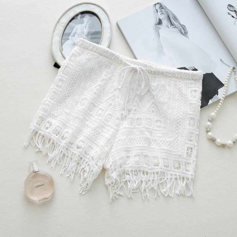 

Women s Summer Hollow Lace Knitted Loose Shorts Anti-empty Beach Shorts One size