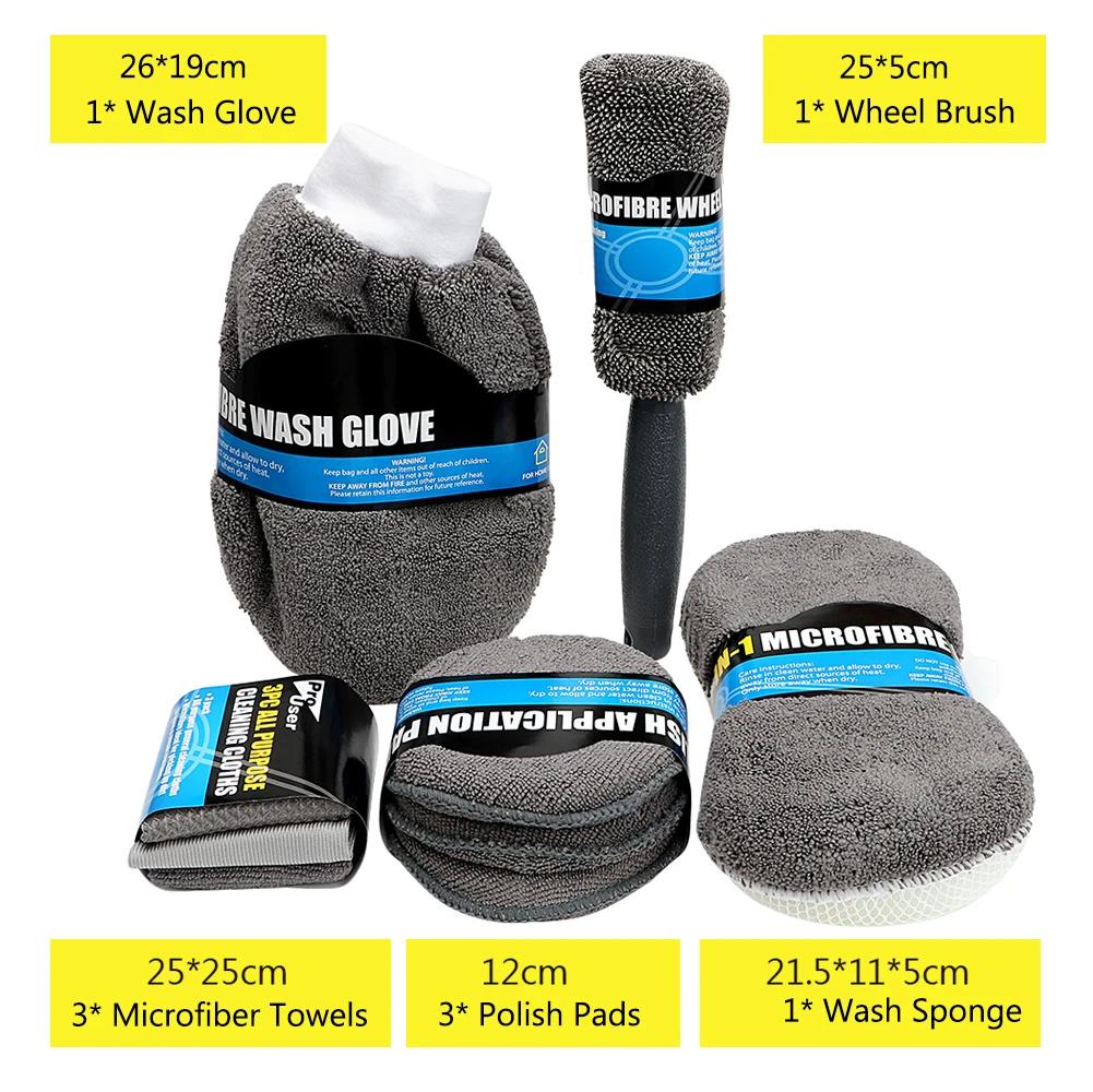 9pcs Set Wash Gloves Brush Sponge Mat Towels Mop Polisher Pads Duster Cloth Motorcycle Washer Car Seat Wheel Door Tire Cleaning