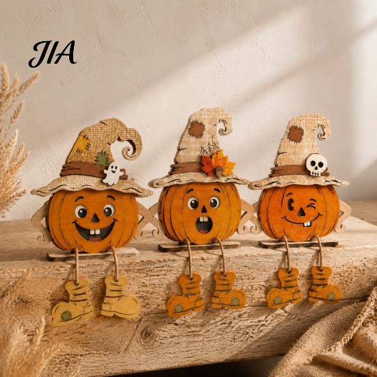 Seasonal Indoor Holiday Displays 3PCS Distressed Wooden Pumpkin Ornaments, Witch Hats And Ghost Patches Small Statues for Desks Decor, Halloween