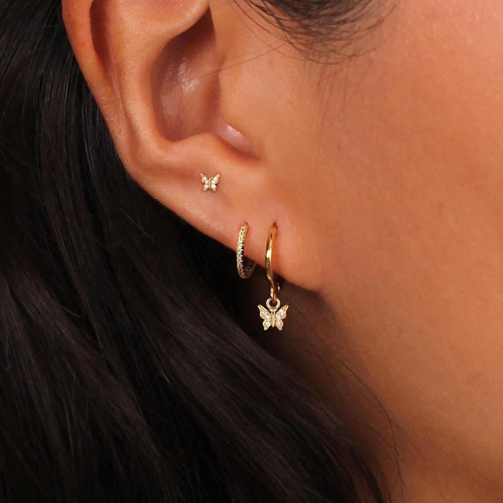 3PCS Elegant Butterfly CZ Charms Dangle Earrings Set for Women Stainless Steel Cubic Zirconia Huggie Cartilage Piercing Jewelry