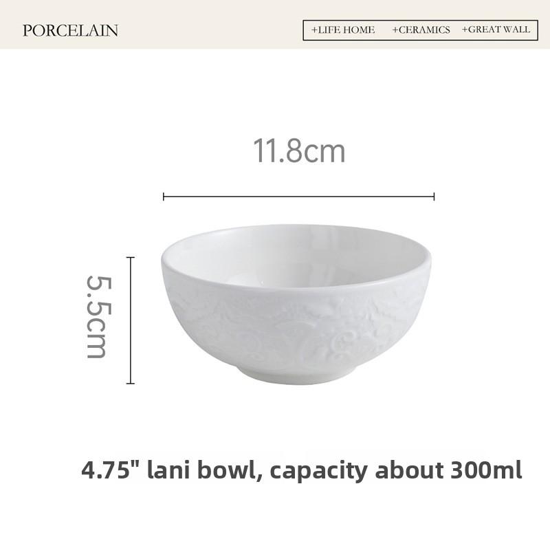Elegant White Ceramic Rice Bowl Set Chinese Style Embossed Home Hotel Tableware