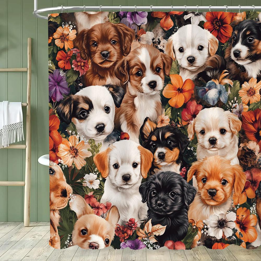 1 piece Cartoon Cat Shower Curtain, Cute Cat and Dog Bathroom Decorative Curtain, Home Printed Polyester Curtain with Hooks