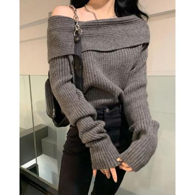 Off Shoulder Sweater Women Autumn Winter Fashion Solid Long Sleeve Knitted Pullovers Casual Elegant Chic Jumper Black