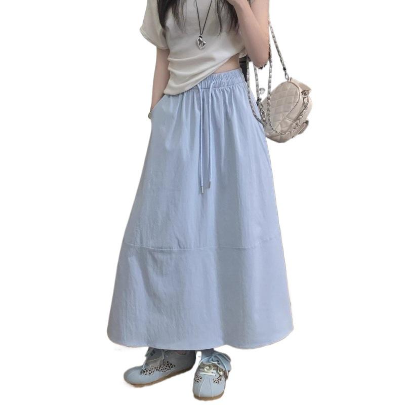 Plus Size Korean A-line Solid Color Mid-length Skirt - Spring/Summer Casual Style with Drawstring and Spliced Design
