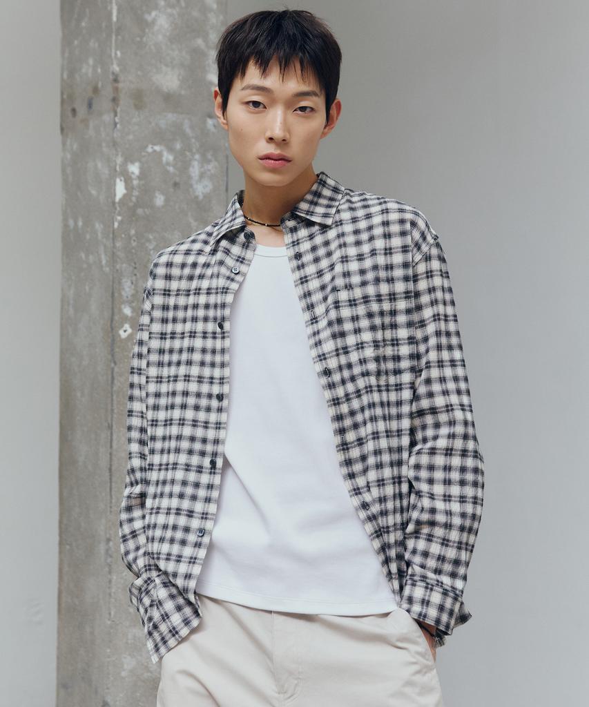 MINDBRIDGE [On][Crop Or Regular] Crease Check Black Oversized Long Sleeve Shirt