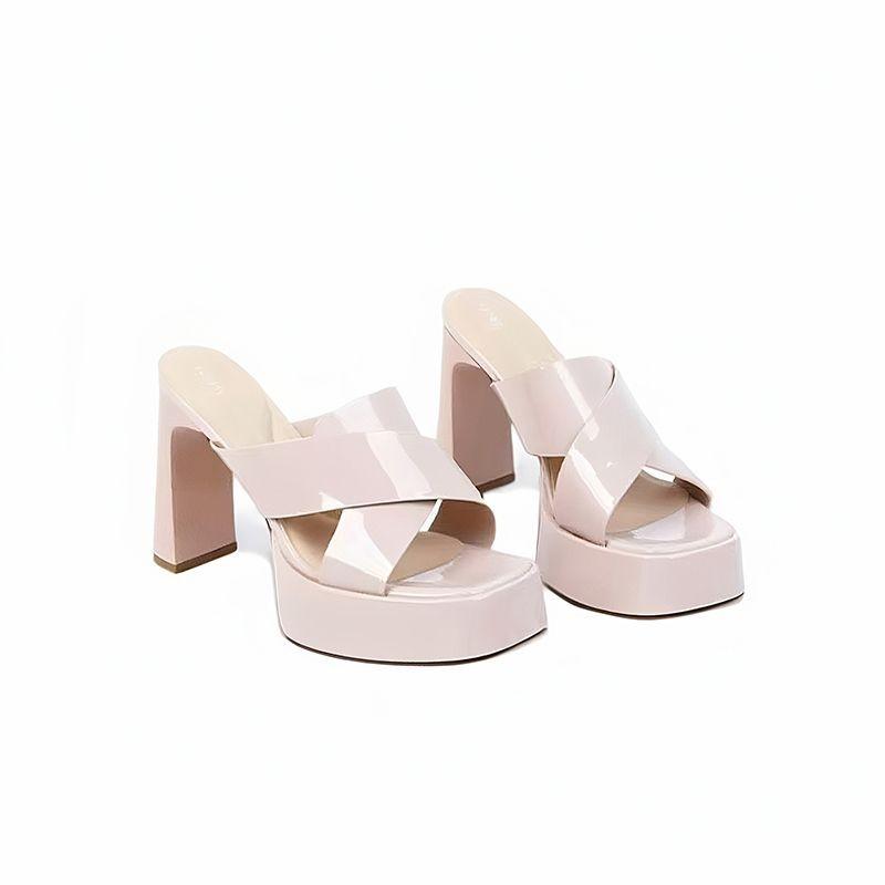 Waterproof Taiwanese Square Heel Slippers Women's Square Toe Open Toe Cross Strap Anti-Slip Wear-Resistant High Heels