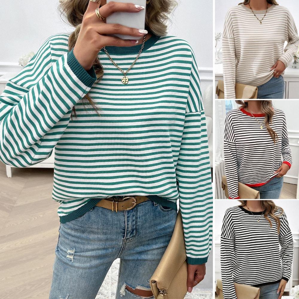 Autumn and Winter Tops for Women, Casual Round Neck Striped Sweater