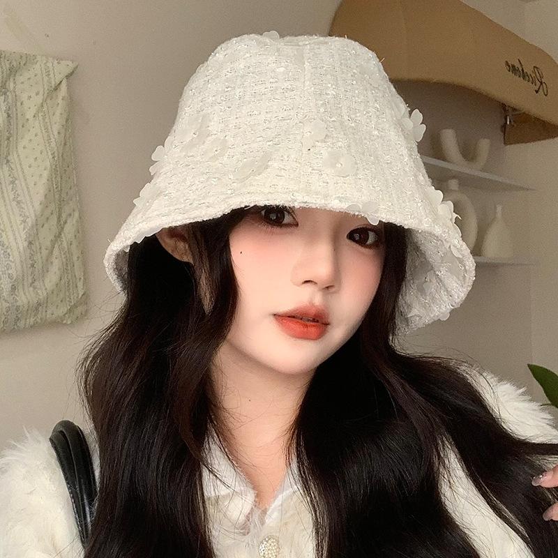 Little Fragrant Style Cute Flower Fisherman Hat for Women In Autumn and Winter Windproof Face Small Pot Hat Korean Versatile Sweet Bucket Hat