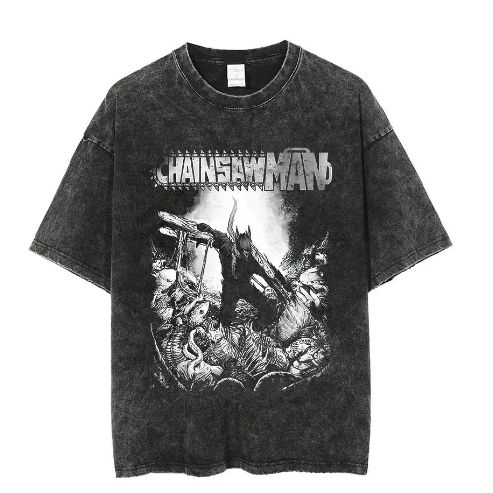 Vintage Washed Tshirts Chainsaw Man Anime T Shirt for Men Women Harajuku Oversize Tee Cotton Streetwear Unisex Tops