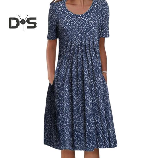 

Женское платье-туника с цветочным принтом, короткими рукавами, круглым вырезом, плиссированным миди-платьем с карманами, летнее бохо-расклешенное платье-сарафан S темно-синий