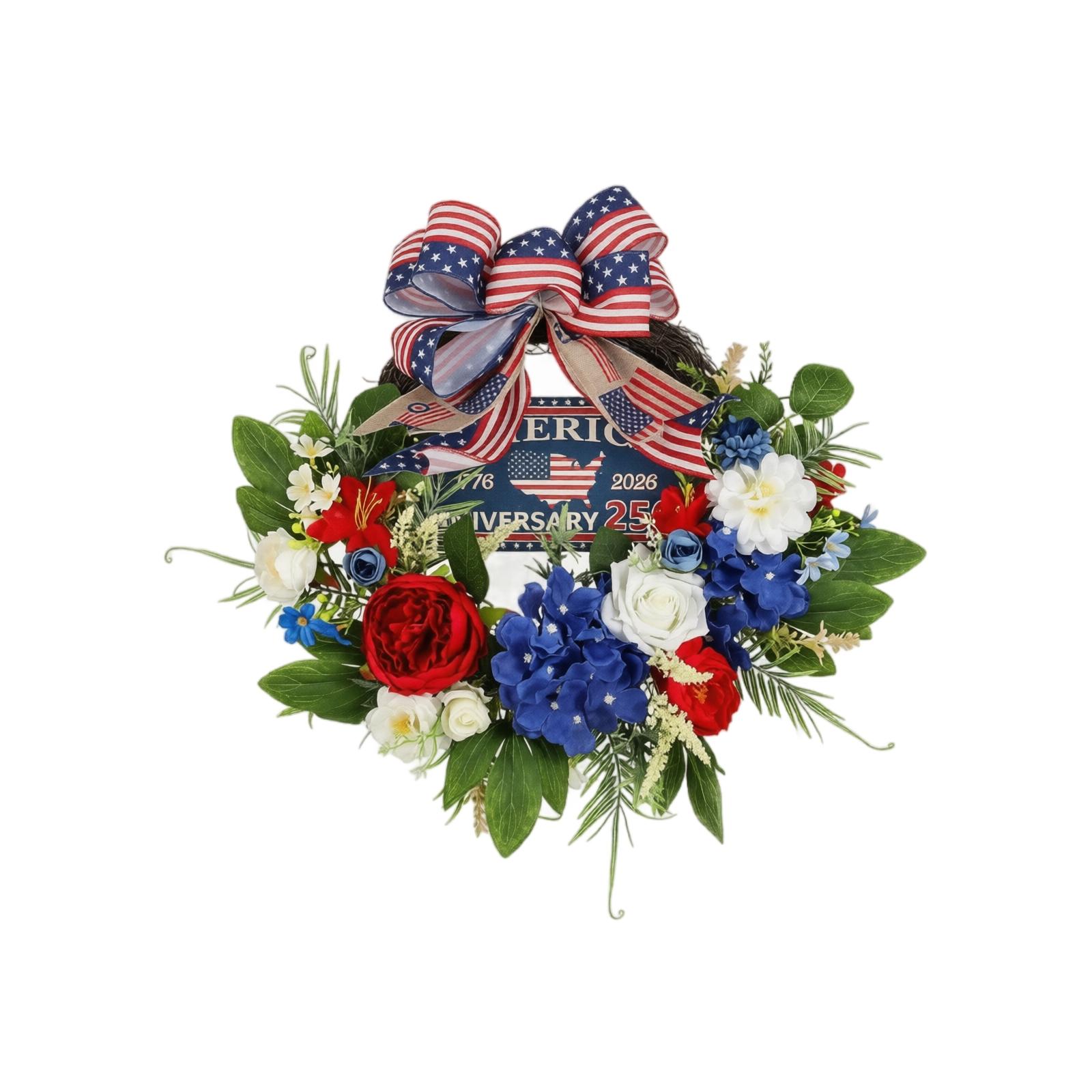 

Patriotic Artificial Flower Wreath with Ribbon Bow for Independence Day Decoration Suitable for Indoor Outdoor Use One Size