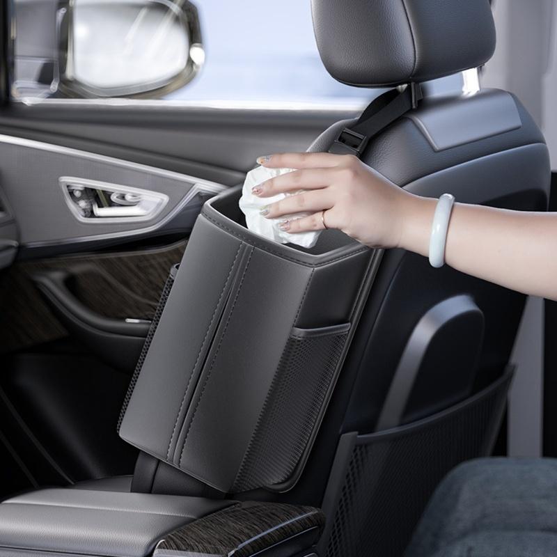 Front Seat Headrest Mounted Tissue Box with Storage Slots for Smartphones and Cards PU Leather Fits Most Vehicle Types