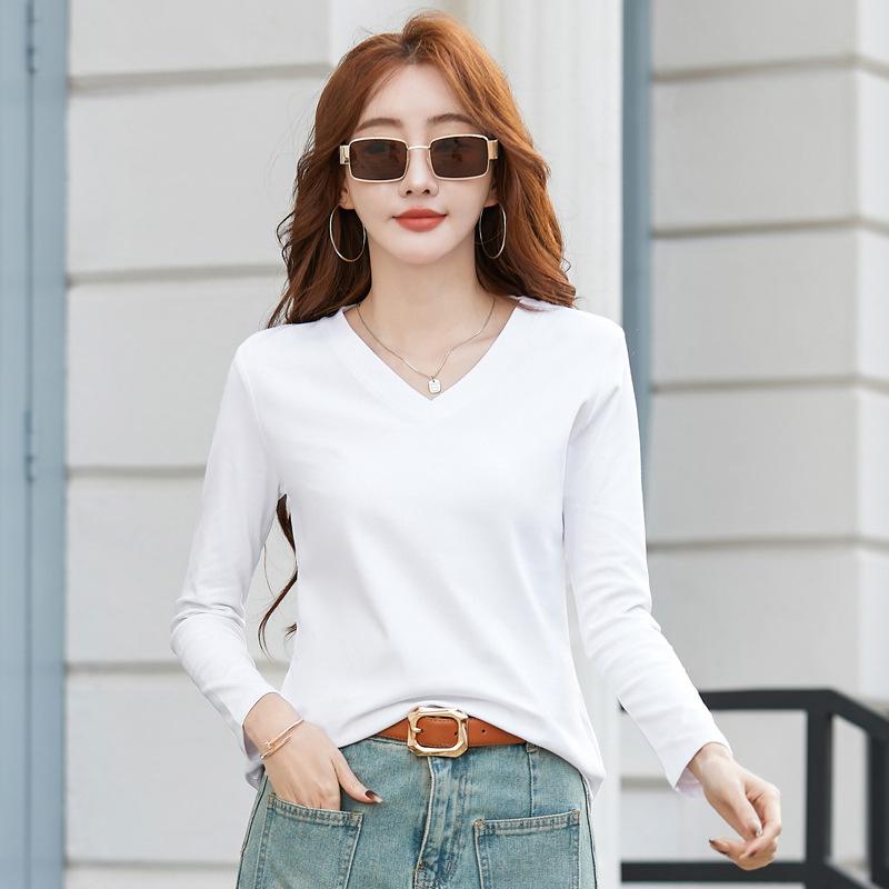 Neues Frühling Herbst Locker Lässig V-Ausschnitt Langarm T-Shirt Damen Einfarbig Baumwolle Unterhemd Oberteil