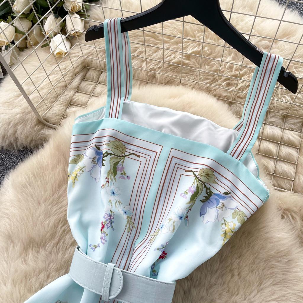 Elegante Vestito Midi con Stampa Floreale Azzurro Chiaro Donna Estate Senza Maniche Spalline Sottili A-line Vacanza al Mare Casual Bodycon Sirena