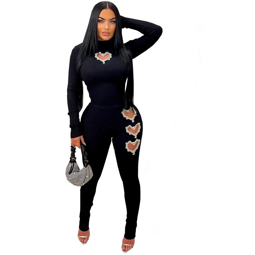Two Piece Sets Wome Sexy Solid Pant Set Turtleneck Full Sleeve Slim Fit Tops Hollow Out High Waist Long Pants Sheath