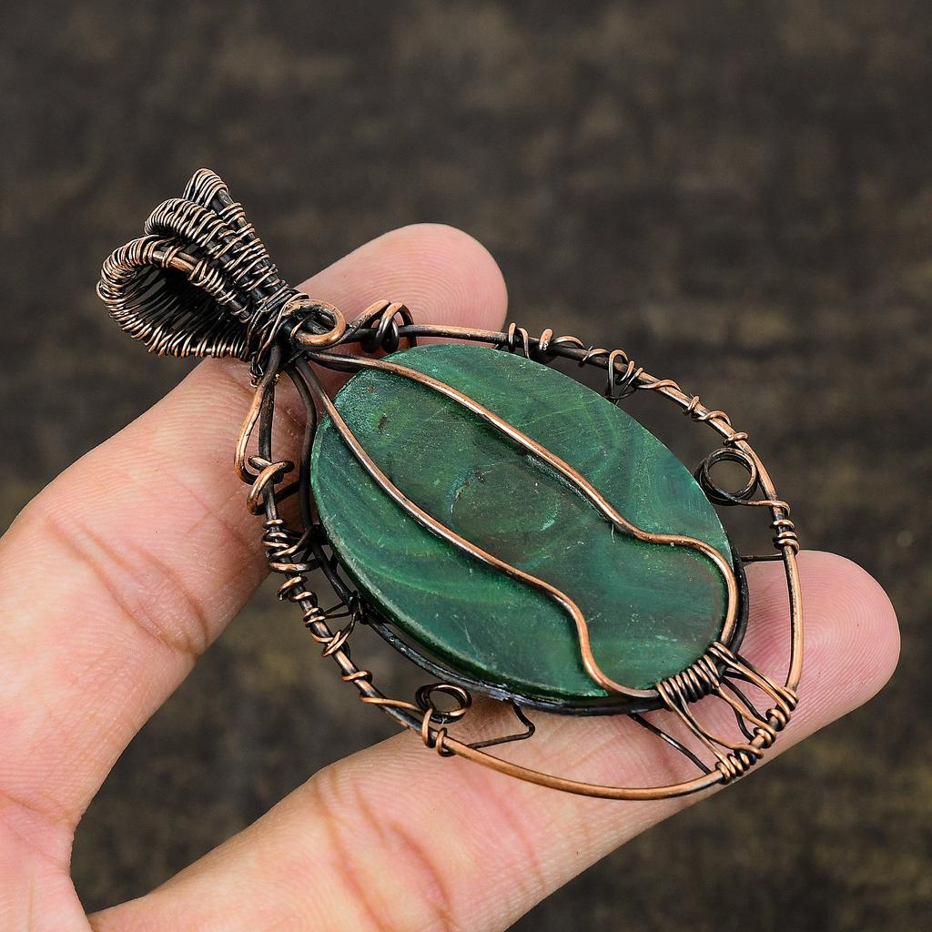 Natural Malachite, Moonstone Gemstone Copper Wire Wrap Pendant 3.07" Z1c49