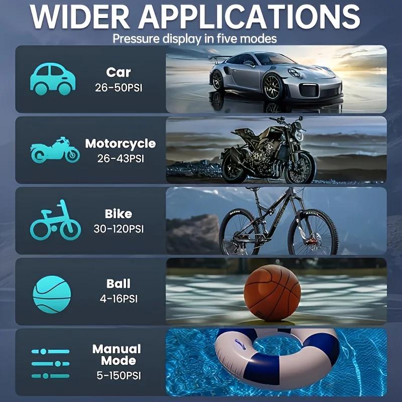 Wireless Smart Portable Digital Display Tire Inflator One Touch Fast Inflation with LED Light for Car Motorcycle Bike