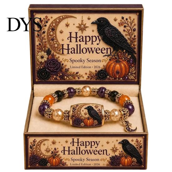 Adjustable Alloy Wristband Halloween Stretch Beaded Bracelet with Gift Box, Black Cat Pumpkin Ghost Stylish Wrist Accessory for Parties Crow