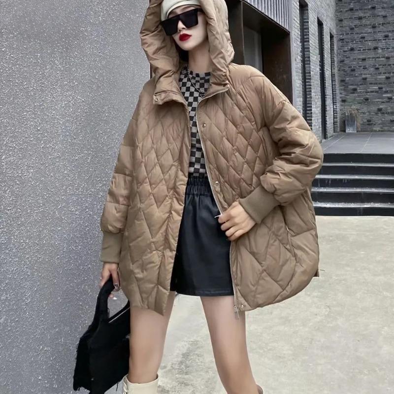 

Зимняя женская мода большой белый утиный пуховик ромбическая сетка средней длины с капюшоном парки пальто толстые теплые верхняя одежда для отдыха M кофейный
