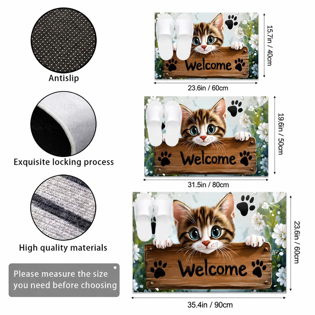 1Pc 850g/m² Cute Cat Peering Welcome Sign print Floor Mat Modern 4mmKitchen Rug Non-Slip Colorful Indoor Carpet, For Home