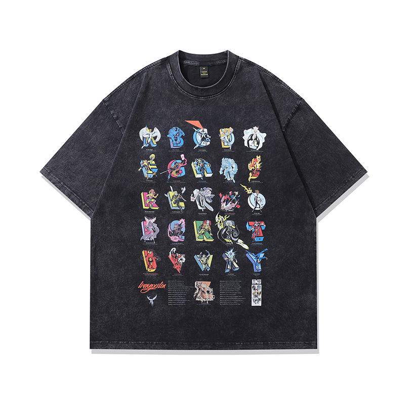 Trendy Brand Men'S Clothing American Vintage Retro Kpop Printing Heavy Cotton Washed Short-Sleeved T-Shirt Men And Women Trendy