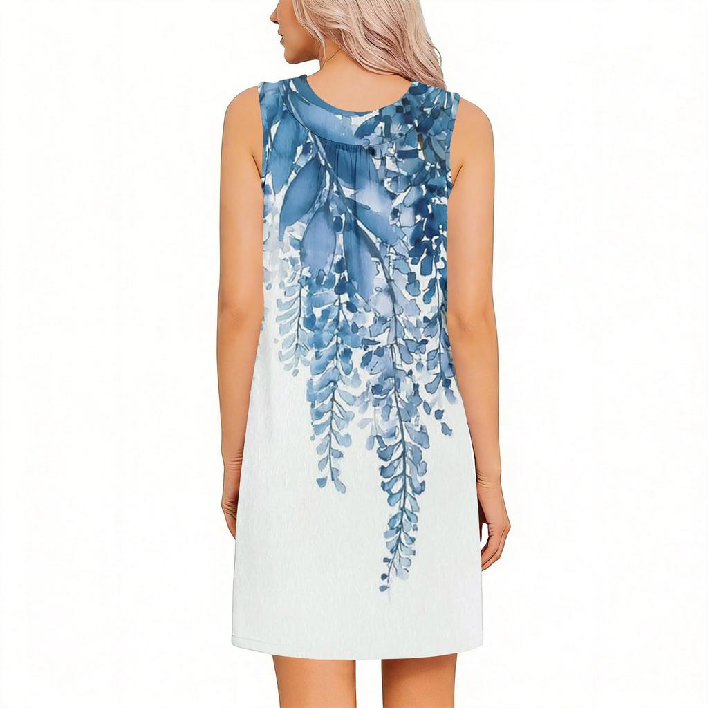 Sleeveless Round Neck Floral Print Dress with Side Slit for Women Casual Comfortable Soft Material Summer Wear