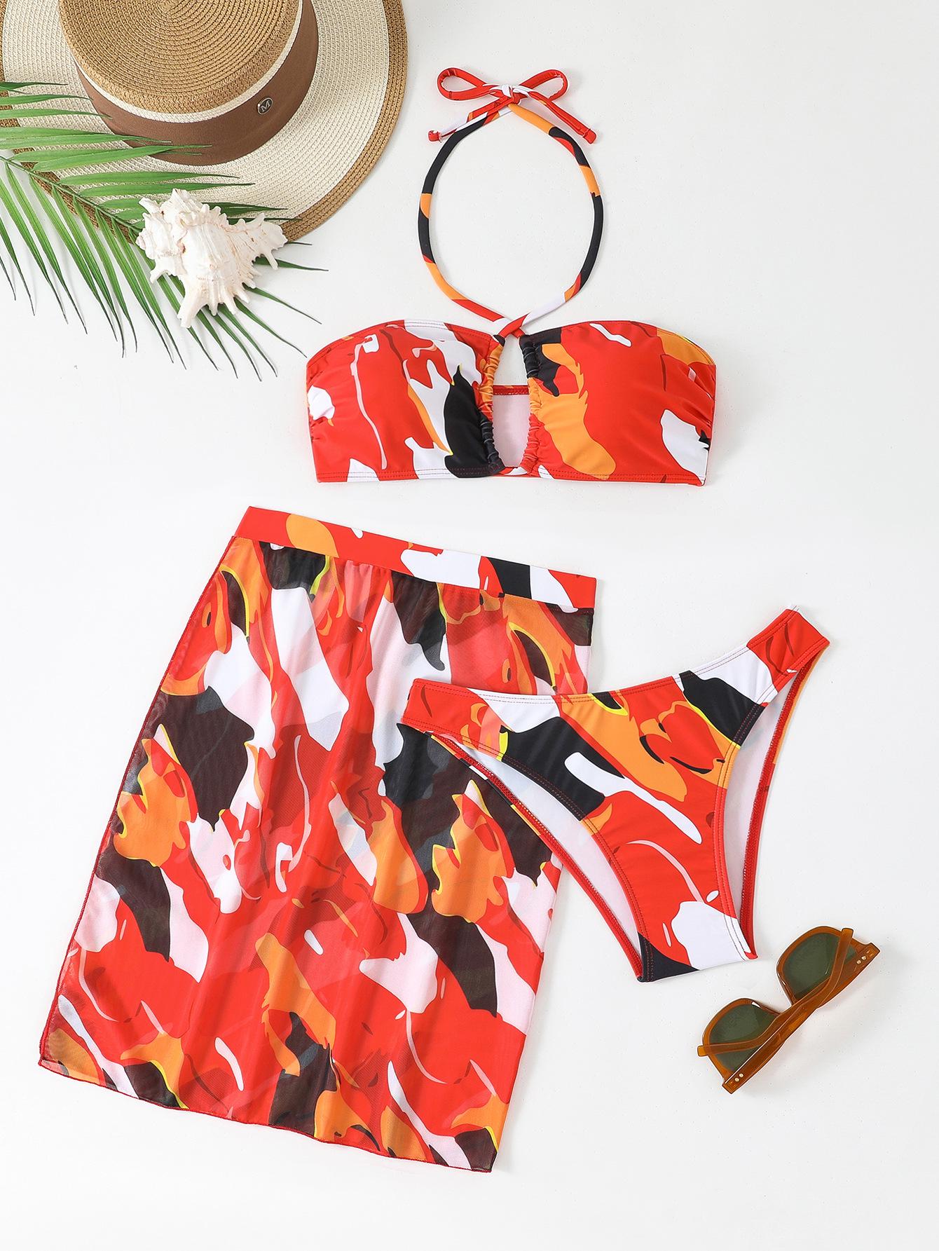 Европейский и американский женский сексуальный раздельный купальник-бикини с принтом, три части, 2026 Medium красный