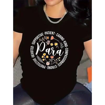 Womens Black White Floral Print Tee Round Neck Short Sleeve Lightweight Breathable Durable Medium Stretch Elegant Script Design All Season Casual