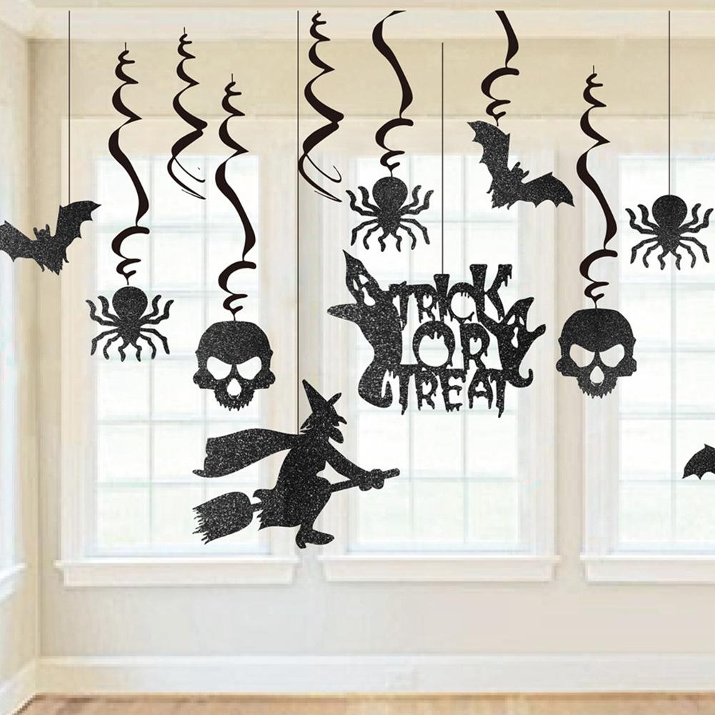 

13Pcs/Set Black Glitter Skull Spiders Hanging Pendant for Halloween Party Decoration Halloween spiral