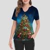 Women's Short Sleeved Christmas Printed V-neck Buttonable Side Slit Top T-shirt