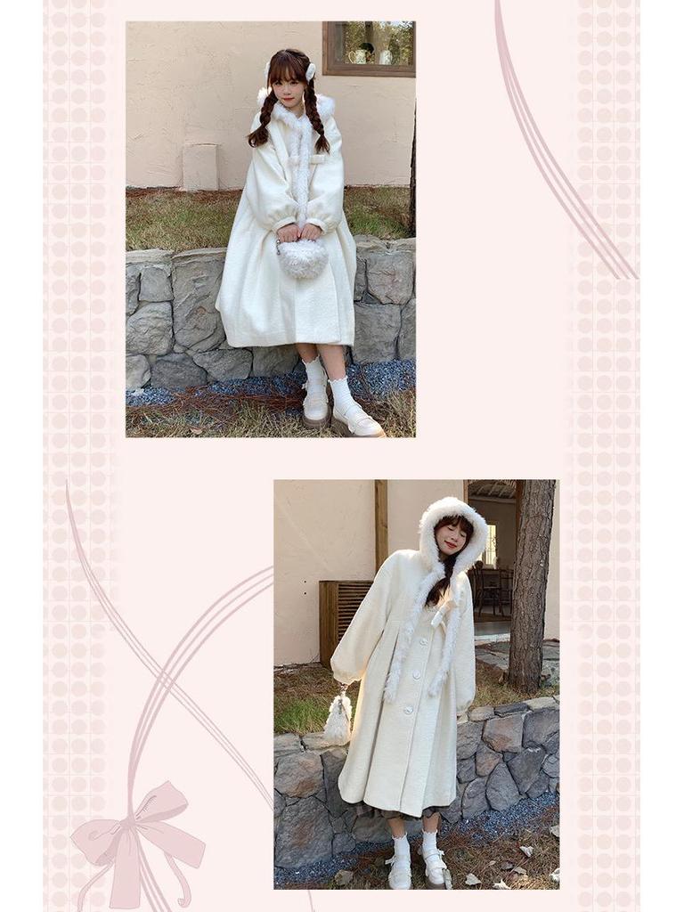 Women's White Wool Hooded Overcoat - Long Sleeve, Loose Fit, 2024 Autumn/Winter