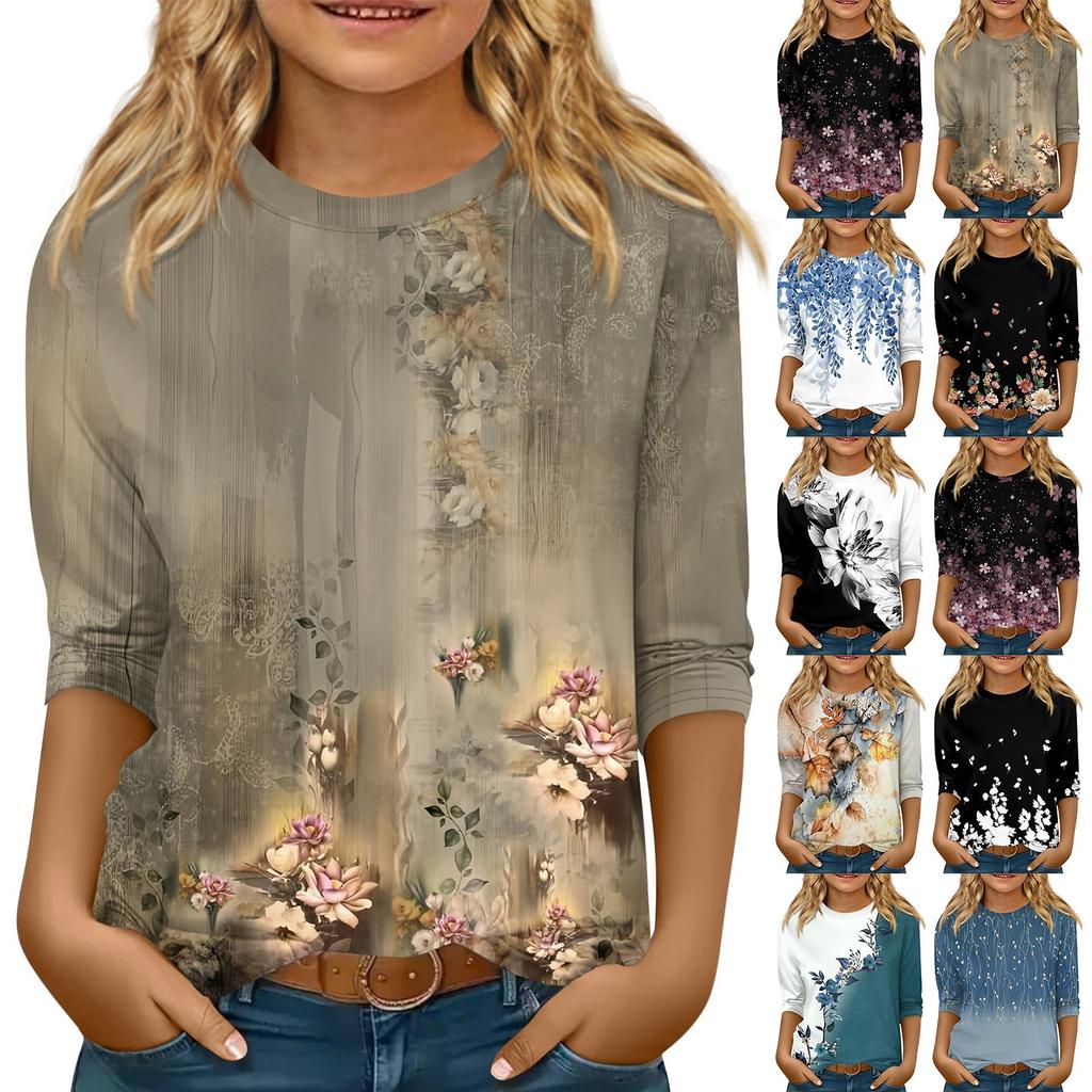Children's 3/4 Sleeve Tops Casual  Print T Shirt Round Neck Pullover Blouse