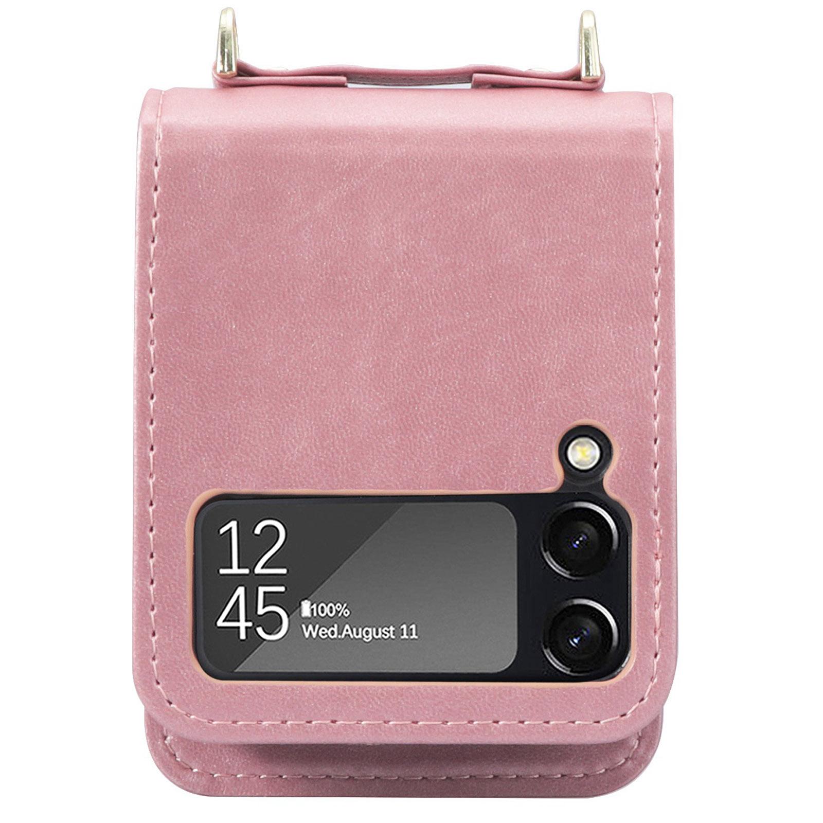 

For Samsung Galaxy Z Flip4 5G Phone Cover with One-piece Design Anti-scratch PU Leather+PC Mobile Phone Case with Long Lanyard Card Holder Pink