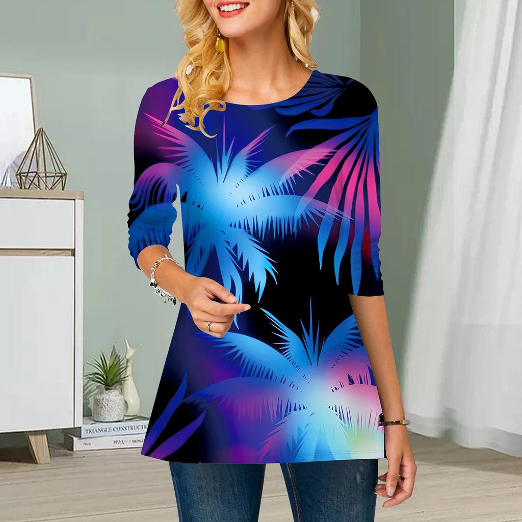 Übergröße Damen Blumen-Kokosnussbaum-Print Rundhalsausschnitt Lässiges lockeres Langarmoberteil