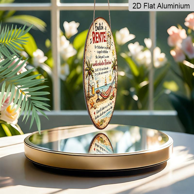 2D Flat, 1pc Round Aluminum Hanging Sign - "Finally Retired" German Retirement Beach Scene Metal Wall Art, Vintage Distressed Tropical Hammock & Palm